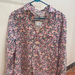 Long-sleeved yellow cotton flowered button-down women's shirt size S-M oversized